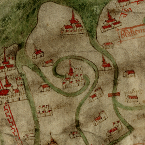 Section of the Gough Map showing Durham in the centre