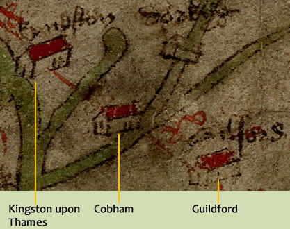 Section of the Gough Map showing Kingston, Cobham and Guildford in Surrey.