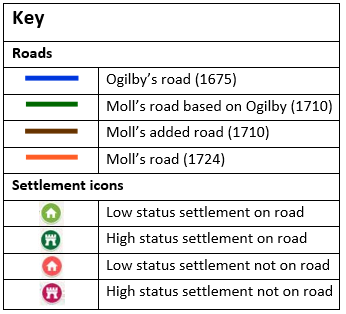 Key to the image showing Gough Map settlements on Early Modern roads on a Google map
