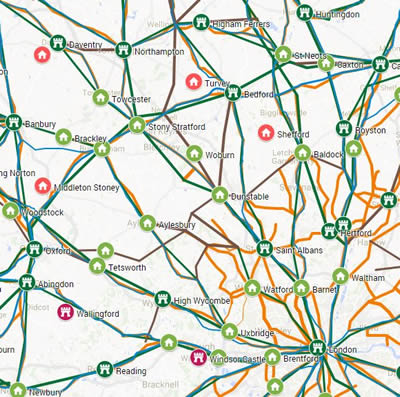 Gough Map settlements plotted on Early Modern road maps on a Google map showing an area of England to the north and west of London