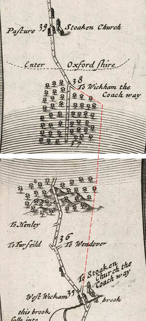 Section of Plate 1 of Britannia showing the road between Wickham and Stoaken Church