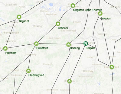 Moll's 1710 roads in Surrey plotted on a Google map with the Gough Map settlements