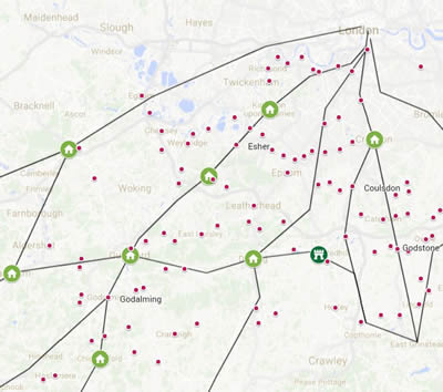 Speed's Surrey settlements plotted on a Google map with Moll's 1710 roads and the Gough Map settlements