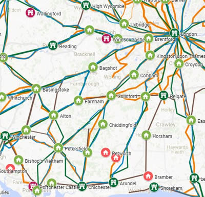 Image of Surrey on a Google map with the Gough Map settlements and Early Modern roads